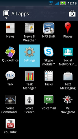 Applications menu with Settings