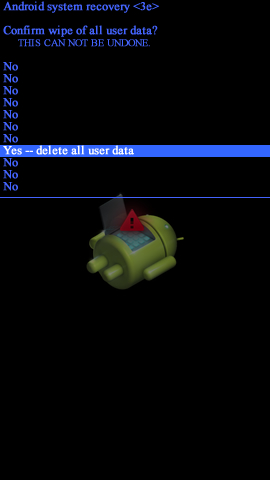 Recovery mode screen with Yes -- delete all user data