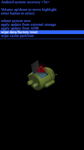 Android system recovery screen with wipe data/factory reset