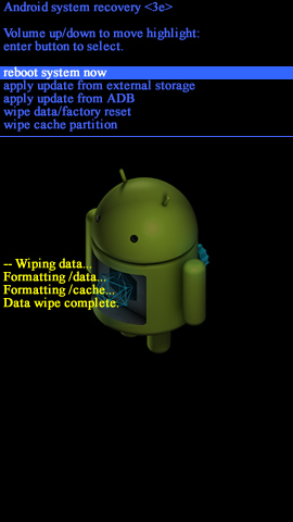 Recovery mode screen with reboot system now