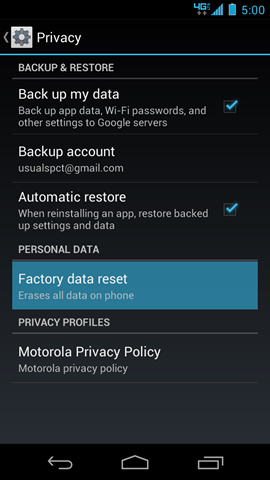 Backup & reset with Factory data reset