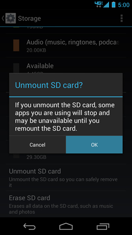 Unmount SD card with OK