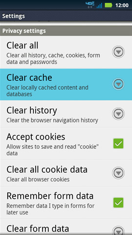 Settings, Clear cache