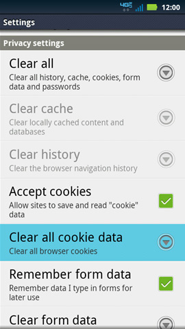 Settings, Clear all cookie data