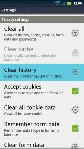 Settings, Clear history