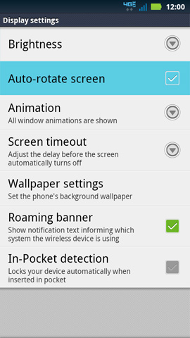 Display settings, Auto-rotate screen