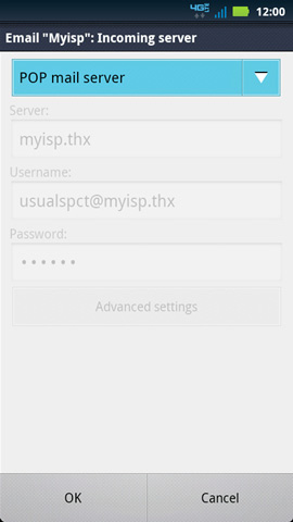 Incoming Server settings with server type drop down menu