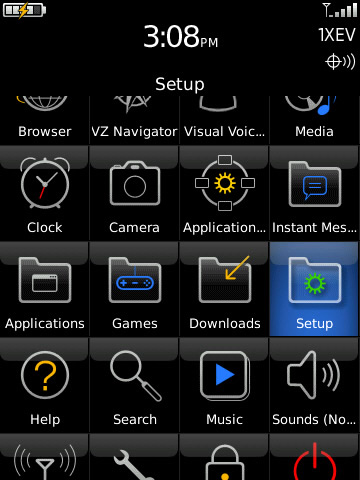 Applications screen with Setup highlighted