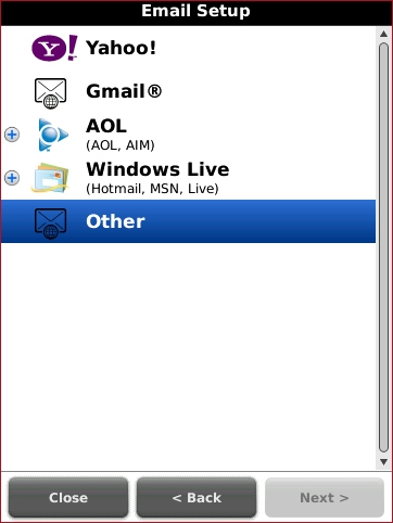 Email Setup screen with appropriate account type highligted