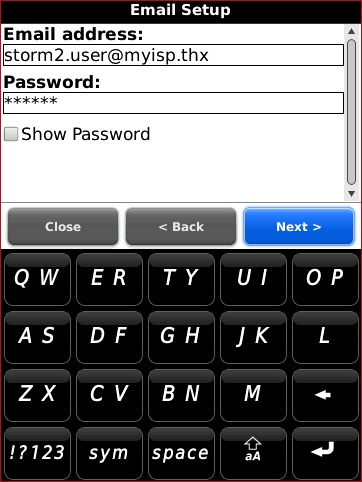 Email Account Setup screen with Email address and Password fields highlighted