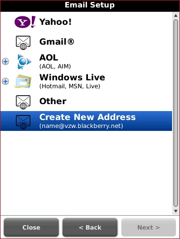 Email Setup screen with Create New Address highligted
