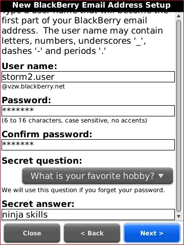 New BlackBerry Email Address Setup screen