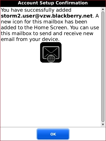 Account Setup Confirmation screen with OK highlighted
