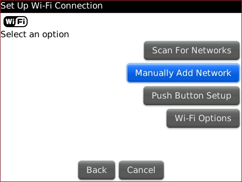 Set Up Wi-Fi Connection screen with Manually Add Network
