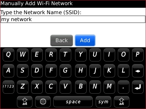 Manually Add Wi-Fi Network screen with Network Name SSID