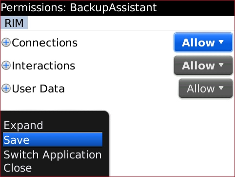 Permissions screen menu with Save