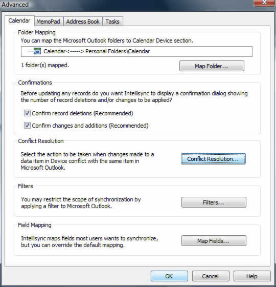 Advanced settings screen with Conflict Resolution