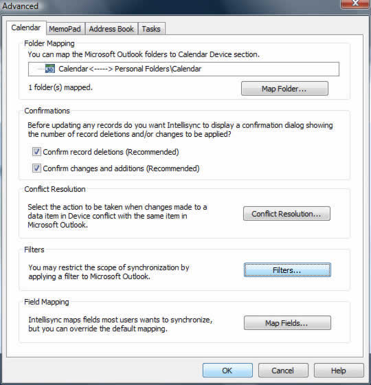 Advanced settings screen with Filters