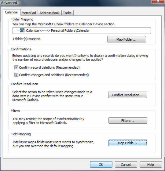 Advanced settings screen with Map Fields