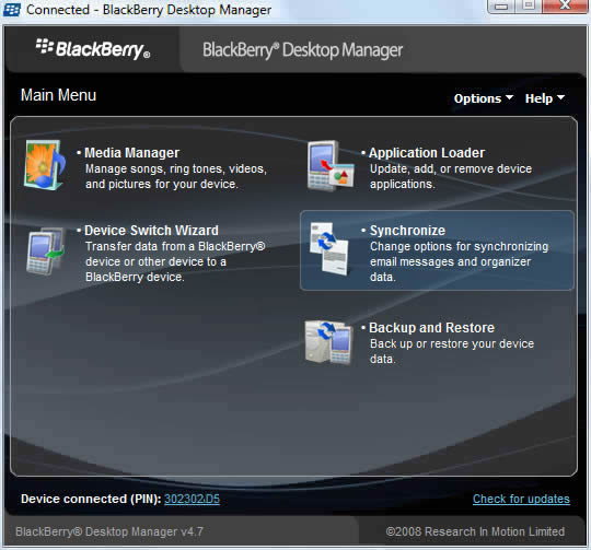 BlackBerry Desktop Manager main screen with Synchronize