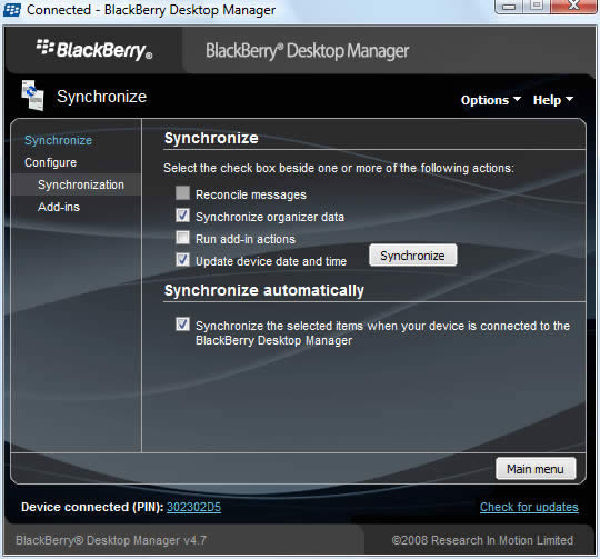Synchronize menu with Configure > Synchronization