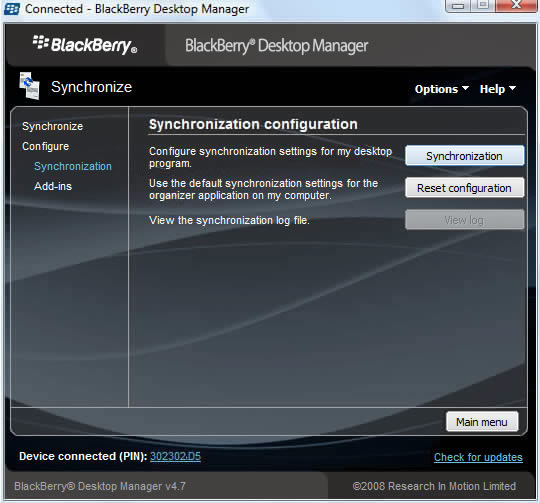 Synchronization configuration menu with Synchronization
