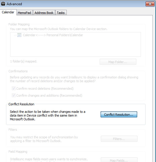 Advanced settings screen with Conflict Resolution