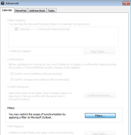 Advanced settings screen with Filters