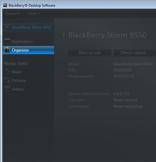 BlackBerry Desktop Software main screen with Organizer