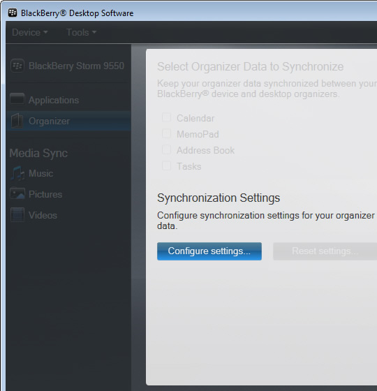 Organizer screen with Configure settings