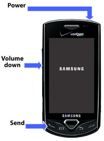 Volume up key and Home key with Power button