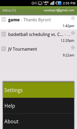 Inbox menu with Settings