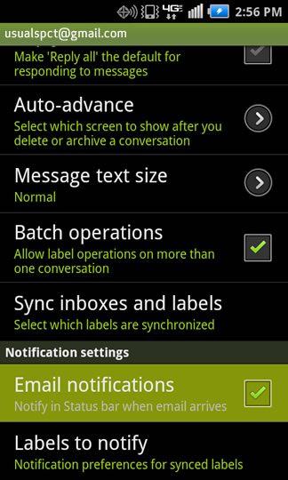 Gmail settings with Email notifications