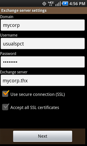 Exchange server settings