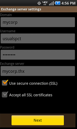 Exchange server settings with Next