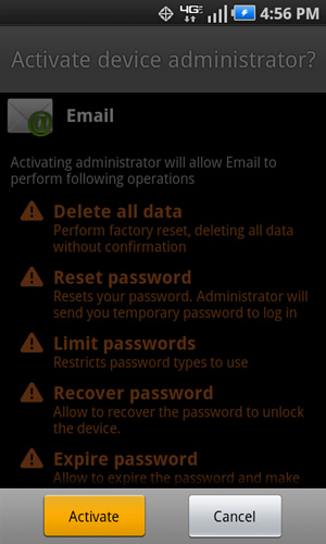 Activate device administrator screen with Activate