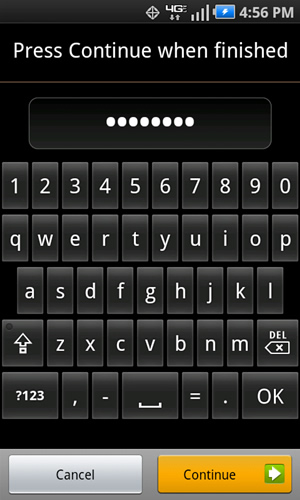 Password screen with Continue