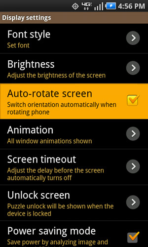 Display settings with Auto-rotate screen