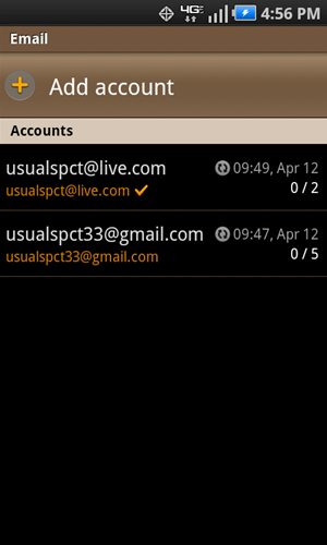 Email accounts screen