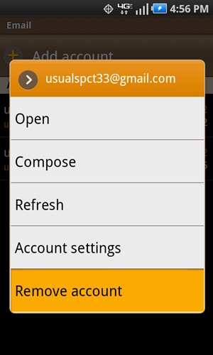 Account menu with Remove account