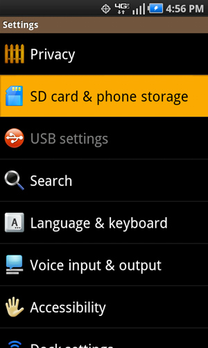 Settings with SD card & phone storage