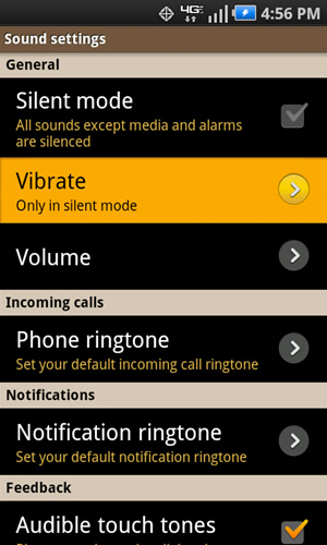 Sound settings with Vibrate