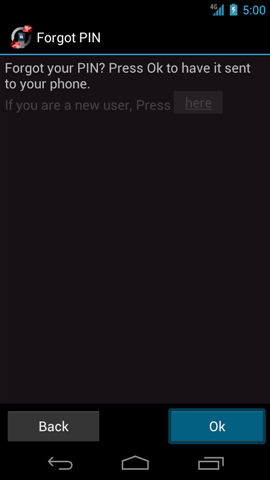 Forgot PIN screen with OK