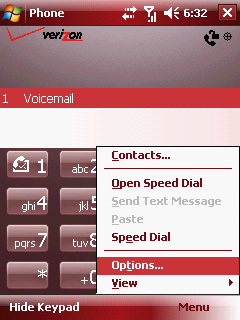 Phone screen with Options selected=