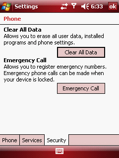 Phone settings screen with focus on Clear All Data
