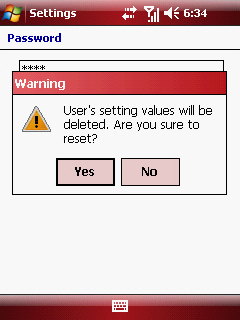 Reset confirmation screen