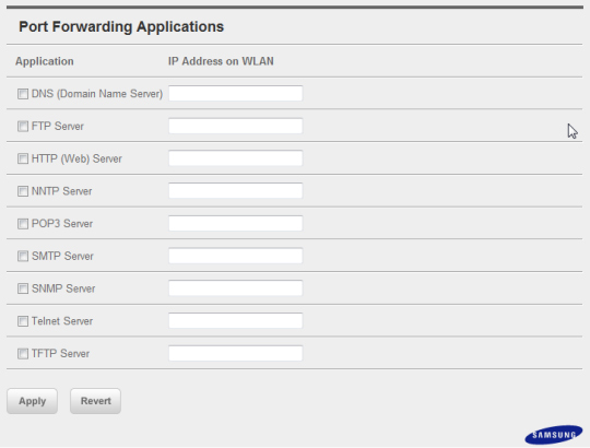 Port forwarding applications section
