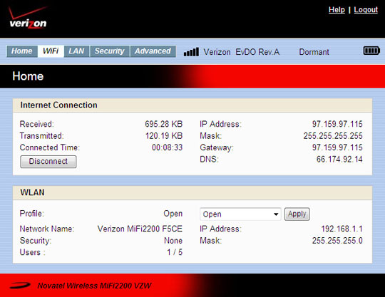 Mifi home screen with focus on selecting wifi