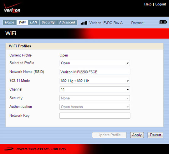 Mifi home screen with focus on selecting wifi