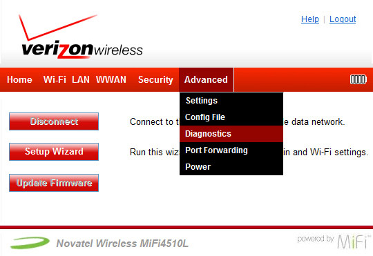 Mifi home screen with focus on advanced menu selecting diagnostics